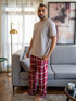 Men summer pajama set Greyish T-shirt + Dark Red X Greyish Tartan Plaid Pants